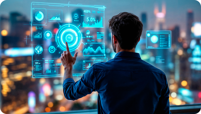 Especialista en transformación digital gestionando la automatización de procesos (BPMS) a través de un panel de control holográfico con métricas de eficiencia